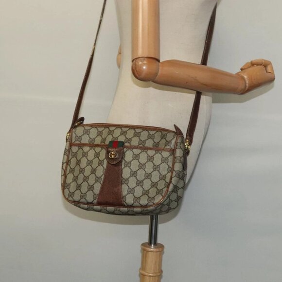 GUCCI GG Supreme Web Sherry Line Shoulder Bag PVC Leather Beige Gold Auth - Picture 1 of 16